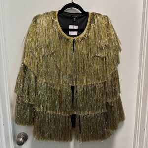NWT Nasty Gal Shiny Metallic Open Front Tiered Tinsel Fringe Jacket Gold Size 6